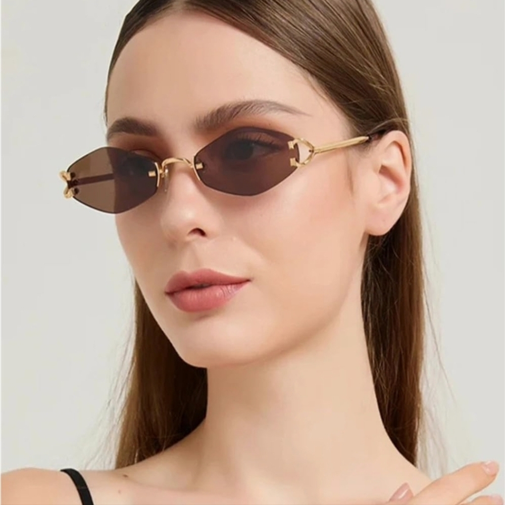 Small Rimless Sunglasses Punk Gold Metal Frame, Brown Lenses